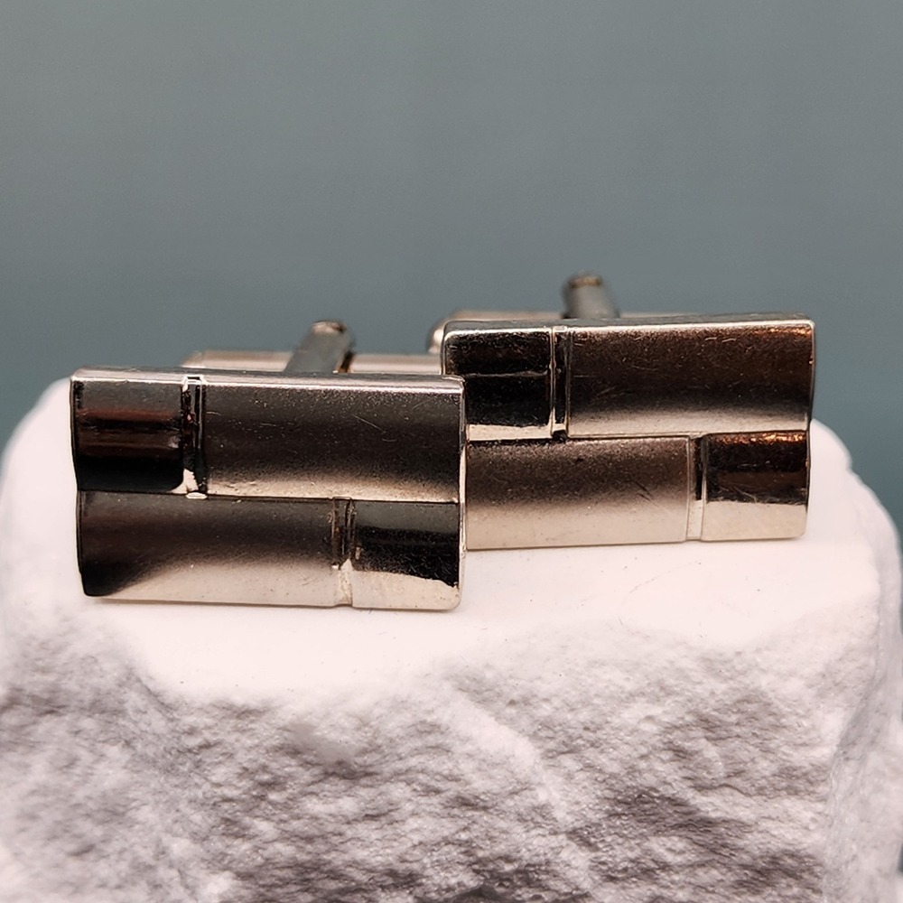 Silver Tone Geometric Rectangular Cufflinks Modernist Men's Formal Minimalist